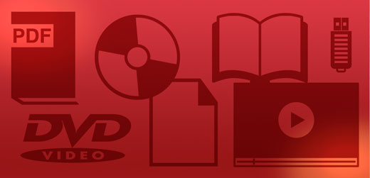 Red rectangle with icons of PDF, DVD, CD, Paper, Book, Monitor, USB (depicting Learning Resources)