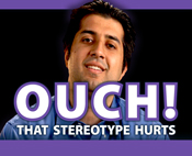 Black and purple rectangle with "Ouch! That Stereotype Hurts" text and Hispanic man in background