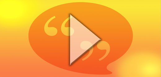 Yellow-orange rectangle with quotation marks inside a talk or conversation bubble (depicting Keynote Presentations)